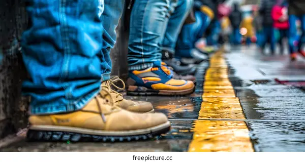 Close Up Of Feet Of People Standing On A Sidewalk