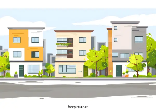 Modern Cityscape Illustration with Three Buildings and Green Trees