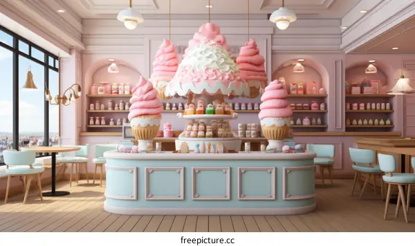 Pink and blue pastel color dessert shop interior design