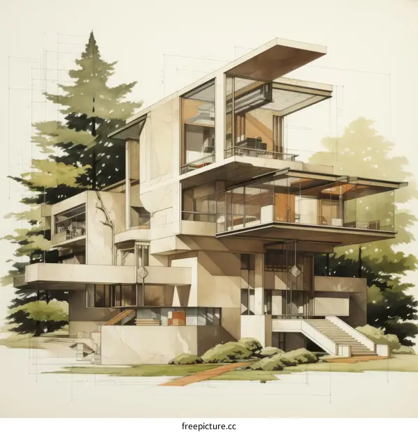 Modernist house with large windows and open floor plan