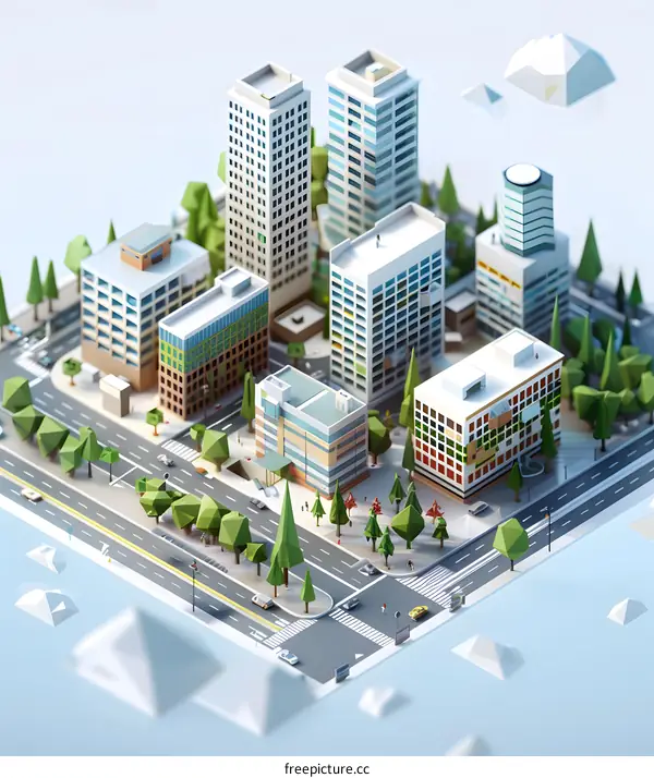 Low Poly Cityscape with Trees and Cars Illustration