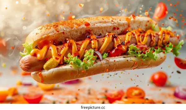 Hot dog with mustard and ketchup, flying through the air with ingredients suspended around it