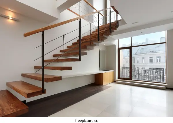 Modern Wooden Staircase in a Spacious Interior