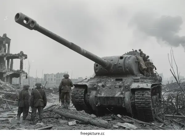 World War II Tank in Ruins of a City