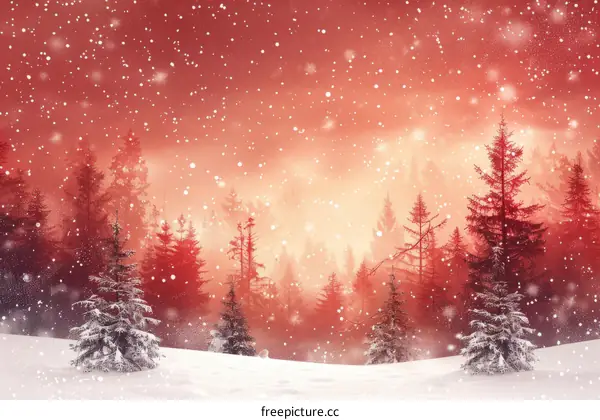 Red Snow Covered Forest Landscape