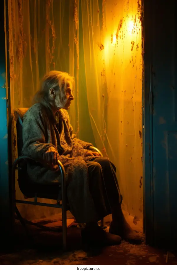 An elderly woman sits alone in a dark room, illuminated by a single light bulb