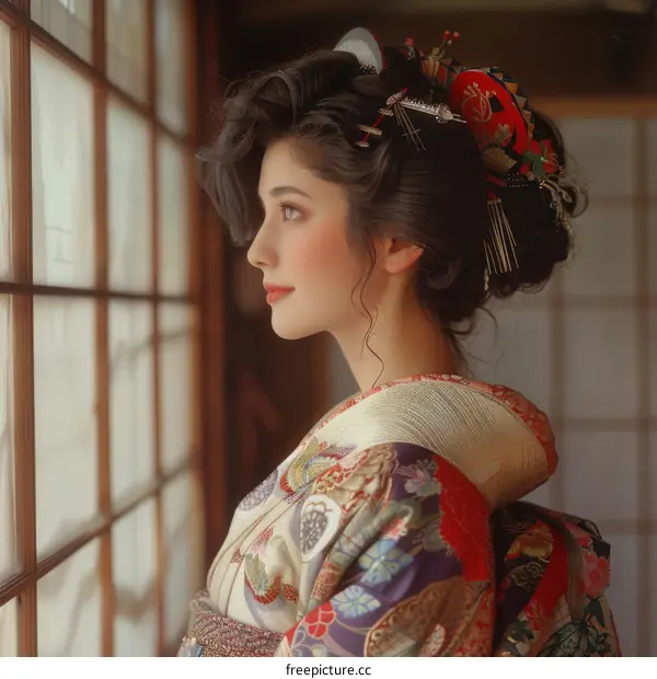 portrait of a beautiful asian woman in traditional japanese clothing