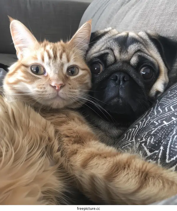 Orange cat and pug lying together on a couch