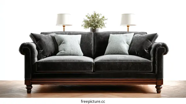 Classic Dark Gray Velvet Sofa in a Modern Living Room