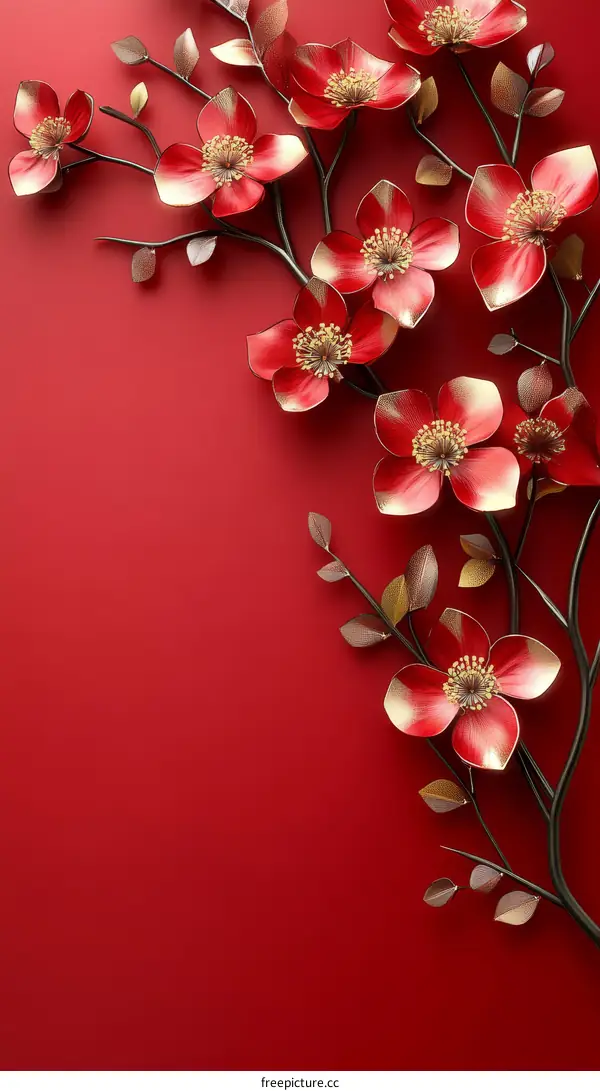 Red Flowers with Gold Accents on a Red Background