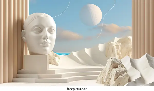 Abstract Minimalist 3D Illustration of a White Sculpture Head in a Desert Setting with Beige Columns