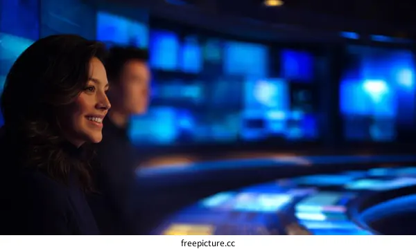 Professional team working in modern control room with blue screens