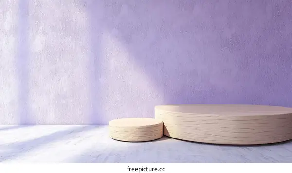 Stylish Wooden Podium Display Against a Pastel Purple Wall