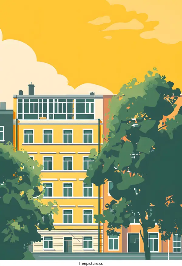 Yellow Building with Green Trees and a Yellow Sky