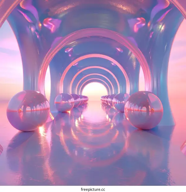 Pink and Purple Futuristic Sci-Fi Tunnel with Reflective Spheres