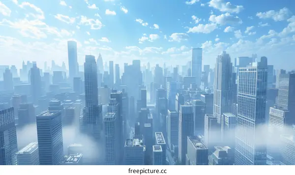 A Metropolis with Towering Skyscrapers and Billowing Clouds