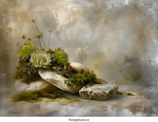 Abstract Stone and Plant Arrangement on Vintage Background