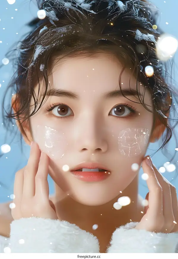 Beautiful Asian Woman with Snow Flakes on her Face