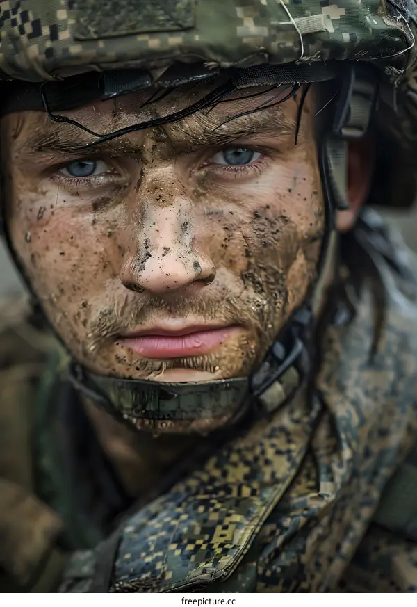 Portrait of a soldier with mud on his face