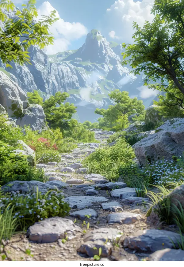 Magical Mountain Landscape with Rocks and Trees