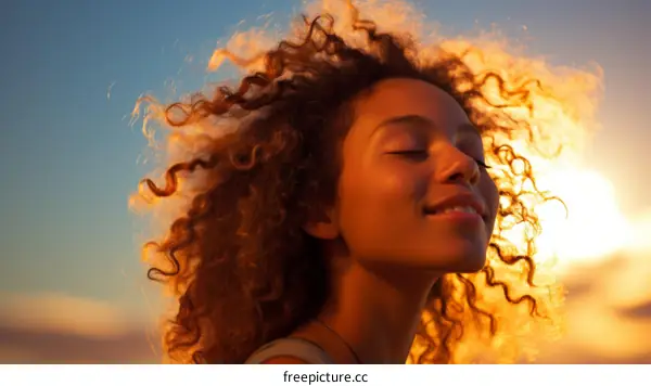 Portrait of a young woman with curly hair smiling and enjoying the sunset