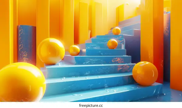 Abstract 3D rendering of blue and yellow geometric shapes and spheres