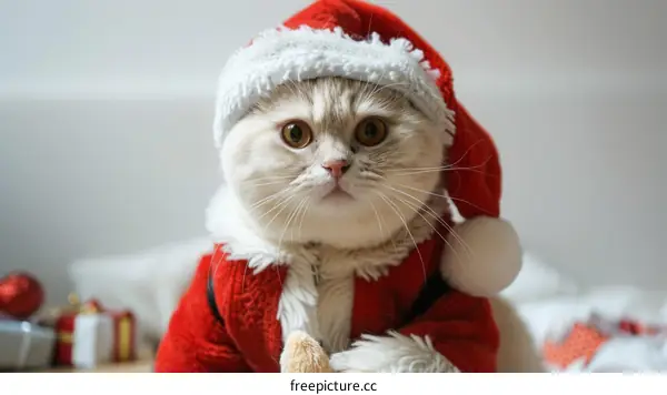A cute cat wearing a Santa hat is sitting in front of a white background