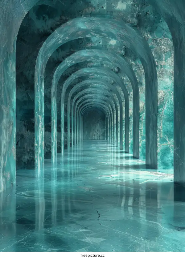 Futuristic Glowing Blue Marble Palace Hallway
