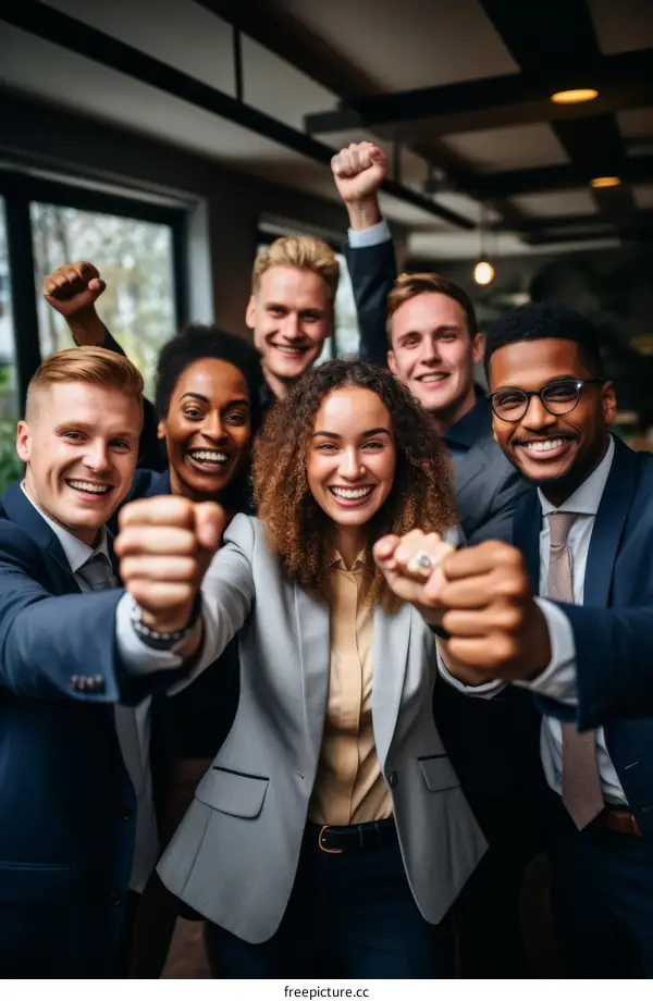 Group of diverse business professionals celebrating success in modern office