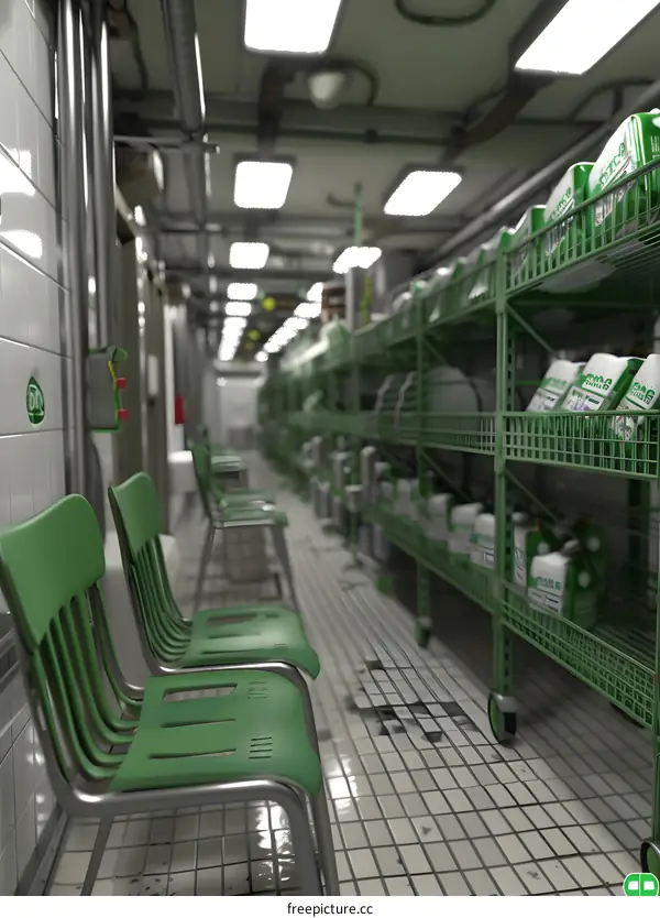 Green Chairs in a Factory Hallway