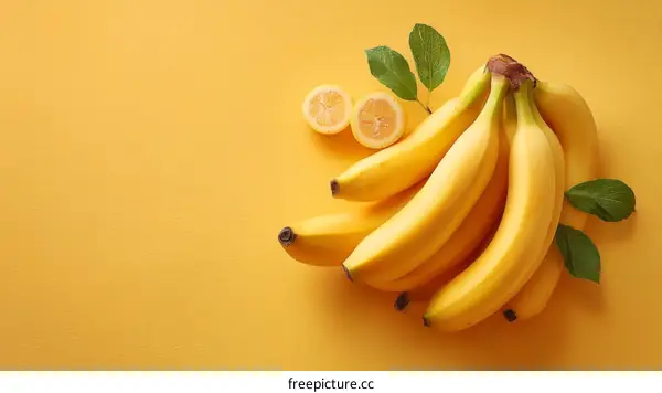 Fresh Bananas and Lemon on Yellow Background