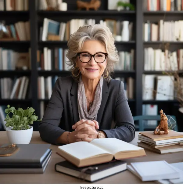 Confident senior businesswoman sitting at desk in library