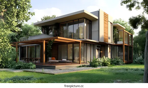 Modern House Design with Wooden Pergola and Large Windows