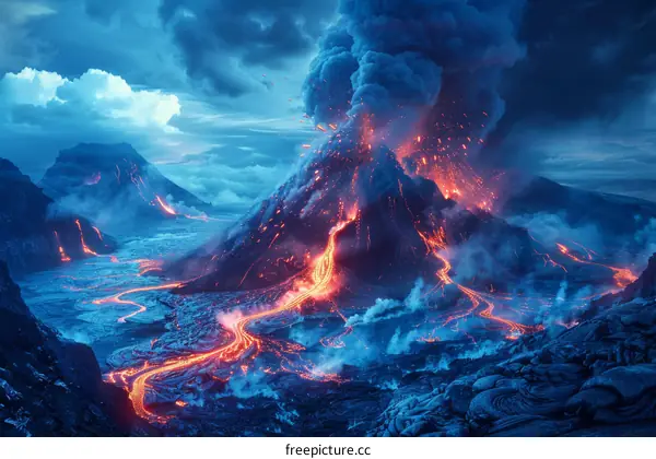 Lava from a volcano flows down a mountainside during an eruption
