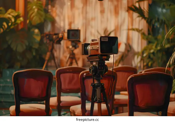 Vintage Film Camera On Tripod In Front Of Empty Chairs