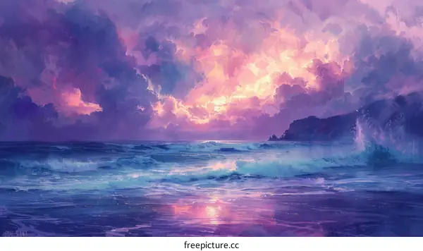 Pink and Purple Sunset Beach Painting