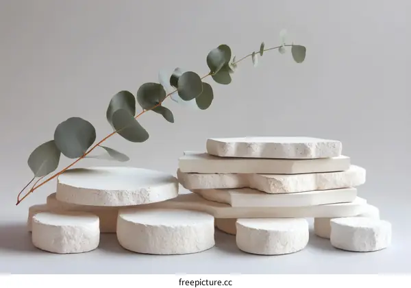 Abstract Display of White Stone Platforms with Eucalyptus
