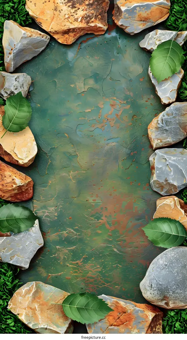 Green Stone And Leaf Border Frame Background