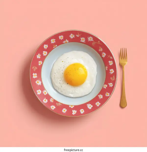 Fried Egg on a Decorative Plate Against a Pastel Background