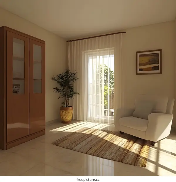 Modern Living Room Interior Design with Beige Walls, White Curtains, and a Comfortable Armchair