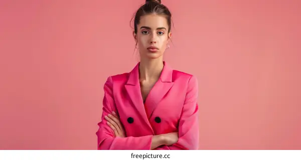 Elegant business woman wearing pink suit posing with crossed arms