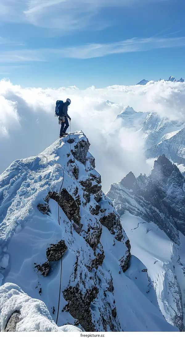 A mountain climber standing on a summit and looking down at the clouds below