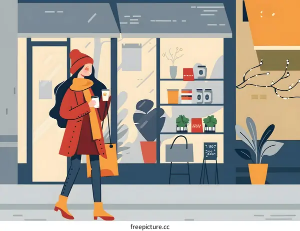 Woman walking past a cafe with two cups of coffee