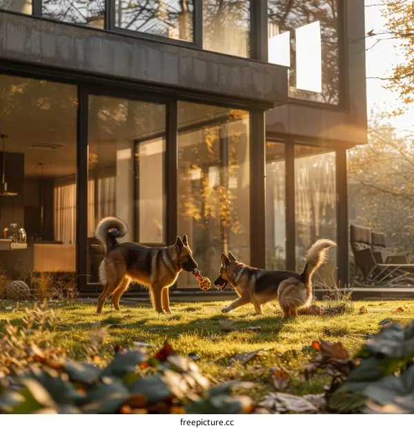 Two German Shepherds playing fetch in the backyard