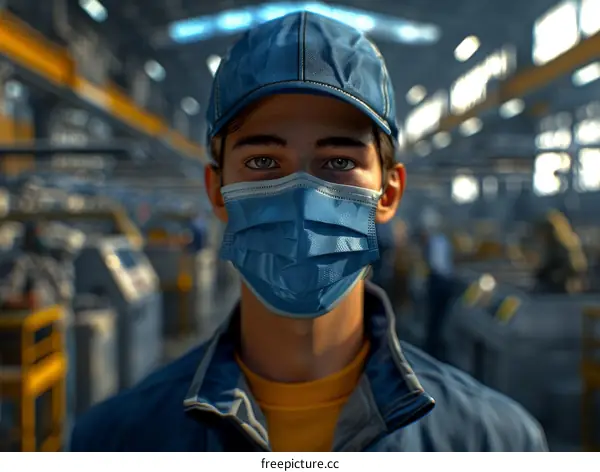 Portrait of a young male worker wearing a surgical mask in a factory