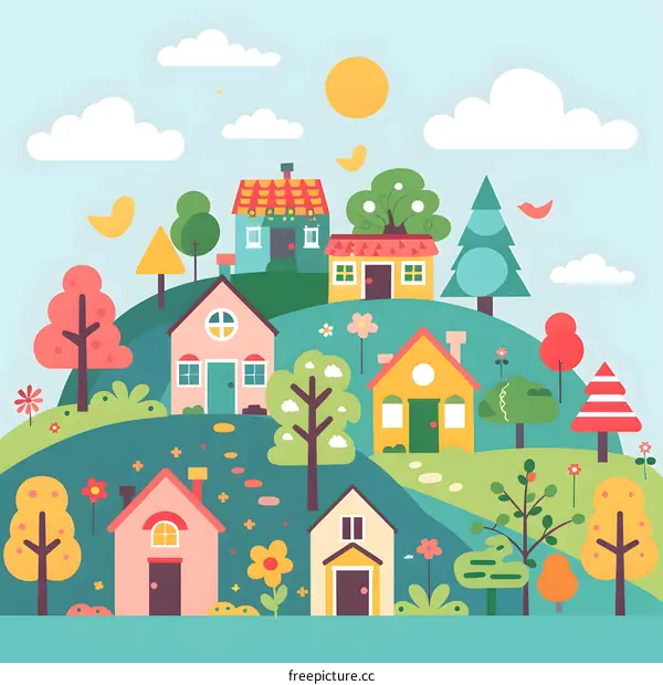 Colorful Illustration of a Small Town with Houses, Trees, and Flowers