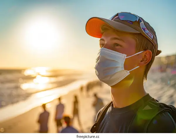 Young man wearing a mask looking out at the ocean