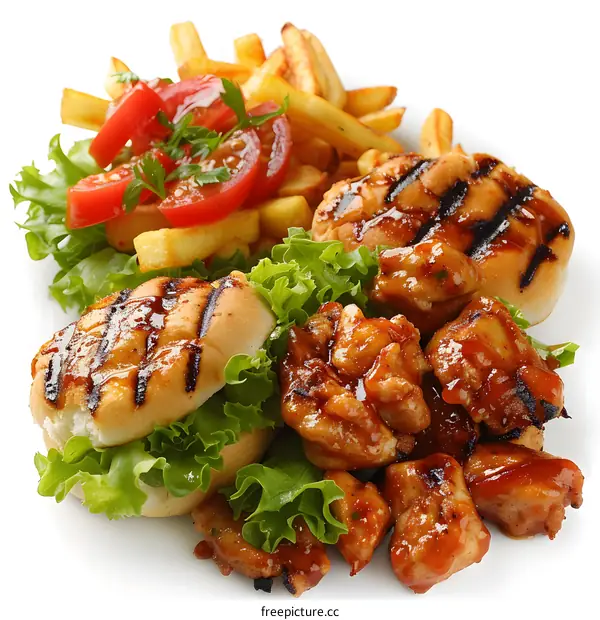 Grilled chicken burgers and fries with fresh salad