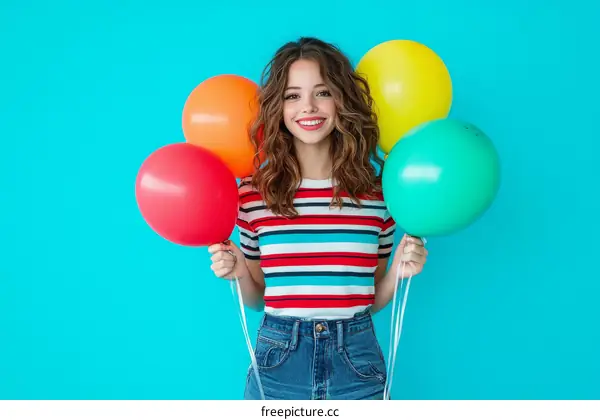 Teenage Girl with Colorful Balloons against a Blue Background
