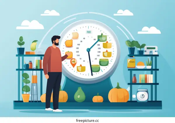 Man by Timepiece Clock Surrounded by Healthy Food for Meal Planning